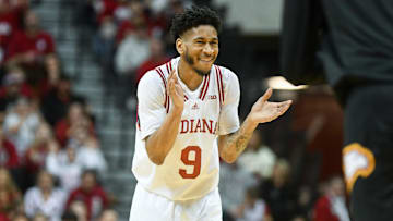 Dec 29, 2024; Bloomington, Indiana, USA;  Indiana Hoosiers guard Kanaan Carlyle (9) celebrates after a play during the first half against the Winthrop Eagles at Simon Skjodt Assembly Hall. Mandatory Credit: Robert Goddin-Imagn Images