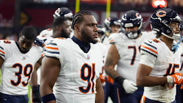 Nov 3, 2024; Glendale, Arizona, USA; Chicago Bears defensive tackle Chris Williams (91) against the Arizona Cardinals at State Farm Stadium.