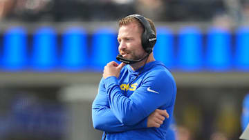 Aug 9, 2025; Inglewood, California, USA; Los Angeles Rams coach Sean McVay reacts against the Dallas Cowboys in the first half at SoFi Stadium. Mandatory Credit: Kirby Lee-Imagn Images