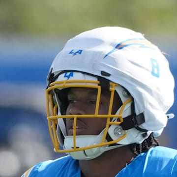 Jul 25, 2025; El Segundo, CA, USA; Los Angeles Chargers running back Omarion Hampton (8) during training camp at The Bolt. Mandatory Credit: Kirby Lee-Imagn Images