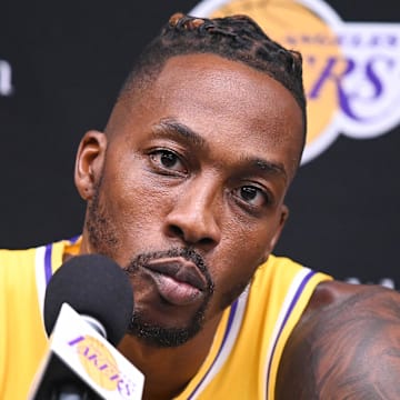 Sep 27, 2019; Los Angeles, CA, USA; Los Angeles Lakers center Dwight Howard listens to a question during the Lakers media day at the UCLA Health Training Center in El Segundo, CA. Mandatory Credit: Robert Hanashiro-Imagn Images
