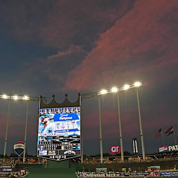 Jun 25, 2024; Kansas City, Missouri, USA;  A general view of Kauffman Stadium in the seventh inning of a game between the Kansas City Royals and Miami Marlins. Mandatory Credit: Peter Aiken-Imagn Images