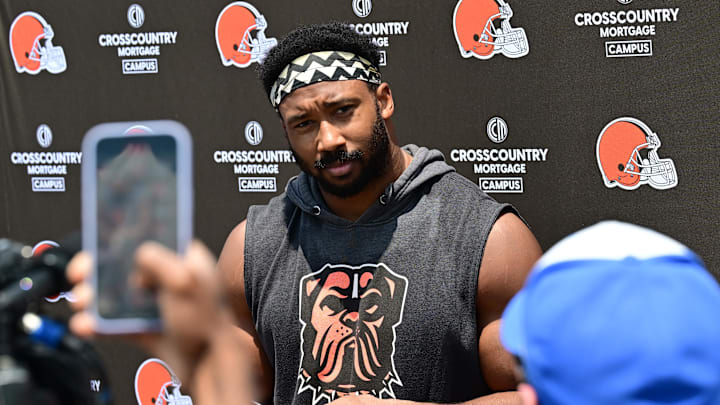 Jun 10, 2025; Berea, OH, USA; Cleveland Browns defensive end Myles Garrett (95) talks to the media during minicamp at CrossCountry Mortgage Campus. Mandatory Credit: Ken Blaze-Imagn Images