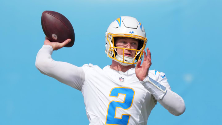 Jun 13, 2024; Costa Mesa, CA, USA; Los Angeles Chargers quarterback Easton Stick (2) throws the ball during minicamp at the Hoag Performance Center. Mandatory Credit: Kirby Lee-USA TODAY Sports