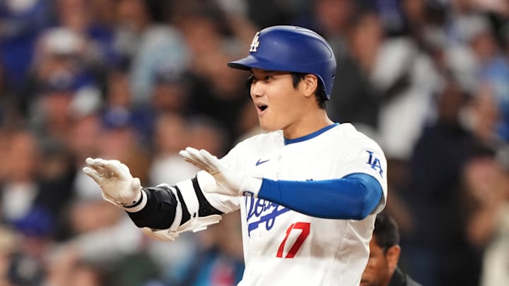 Sep 20, 2024; Los Angeles, California, USA; Los Angeles Dodgers designated hitter Shohei Ohtani (17) celebrates after hitting a two-run home run in the fifth inning against the Colorado Rockies at Dodger Stadium. 