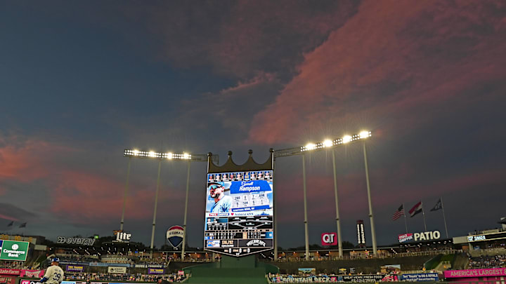 Jun 25, 2024; Kansas City, Missouri, USA;  A general view of Kauffman Stadium in the seventh inning of a game between the Kansas City Royals and Miami Marlins. Mandatory Credit: Peter Aiken-Imagn Images