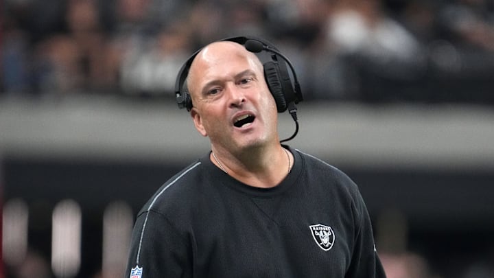 Sep 22, 2024; Paradise, Nevada, USA; Las Vegas Raiders special team coordinator Tom McMahon reacts in the fourth quarter against the Carolina Panthers at Allegiant Stadium. Sep 22, 2024; Paradise, Nevada, USA; Las Vegas Raiders special team coordinator Tom McMahon reacts in the fourth quarter against the Carolina Panthers at Allegiant Stadium.
