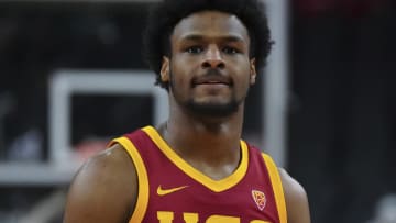 Mar 13, 2024; Las Vegas, NV, USA; Southern California Trojans guard Bronny James (6) looks on against the Washington Huskies at T-Mobile Arena. Mandatory Credit: Kirby Lee-USA TODAY Sports