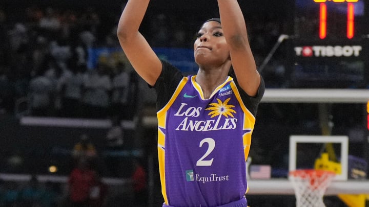 Jul 16, 2024; Los Angeles, California, USA;  LA Sparks forward Rickea Jackson (2) shoots the ball in the first half against the Seattle Storm at Crypto.com Arena.  