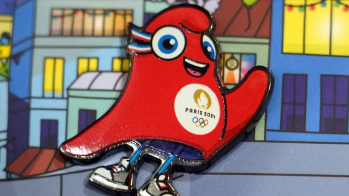 Oct 3, 2023; Paris, France; A Paris 2024 mascot Olympic Phryge pin at the Relay store at the Gare de Nord. 