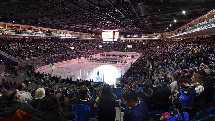 Nov 30, 2024; Toronto, ON, CANADA;  A general view of the Coca Cola Coliseu during anthems before the Boston Fleet play the Toronto Sceptres at Coca-Cola Coliseum. Mandatory Credit: Dan Hamilton-Imagn Images