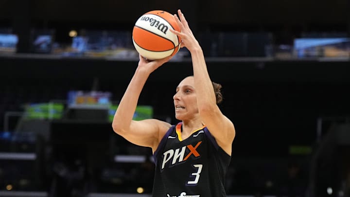 Sep 17, 2024; Los Angeles, California, USA; Phoenix Mercury guard Diana Taurasi (3) shoots the ball against the LA Sparks in the first half at Crypto.com Arena. Mandatory Credit: Kirby Lee-Imagn Images