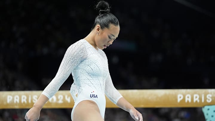 Aug 5, 2024; Paris, France; Sunisa Lee of the United States reacts after falling off the beam on day three of the gymnastics event finals during the Paris 2024 Olympic Summer Games. 