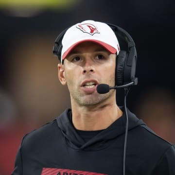 Aug 10, 2024; Glendale, Arizona, USA; Arizona Cardinals head coach Jonathan Gannon against the New Orleans Saints during a preseason NFL game at State Farm Stadium. Mandatory Credit: Mark J. Rebilas-USA TODAY Sports
