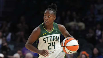 Sep 11, 2024; Los Angeles, California, USA; Seattle Storm guard Jewell Loyd (24) dribbles the ball against the LA Sparks in the second half at Crypto.com Arena. Mandatory Credit: Kirby Lee-Imagn Images