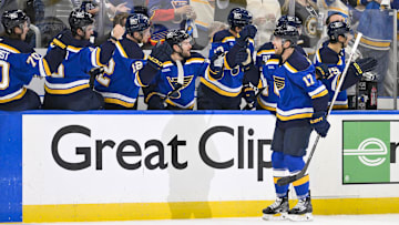 Apr 24, 2025; St. Louis, Missouri, USA; St. Louis Blues defenseman Cam Fowler (17) is congratulated by teammates after scoring against the Winnipeg Jets during the first period in game three of the first round of the 2025 Stanley Cup Playoffs at Enterprise Center. Mandatory Credit: Jeff Curry-Imagn Images
