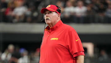 Oct 27, 2024; Paradise, Nevada, USA; Kansas City Chiefs coach Andy Reid reacts in the second half against the Las Vegas Raiders at Allegiant Stadium. Mandatory Credit: Kirby Lee-Imagn Images
