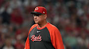 Aug 19, 2025; Anaheim, California, USA; Cincinnati Reds manager Terry Francona reacts in the seventh inning against the Los Angeles Angels at Angel Stadium. Mandatory Credit: Kirby Lee-Imagn Images