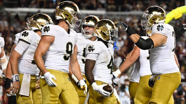 Notre Dame celebrates a go-ahead touchdown in 2024 against Texas A&M