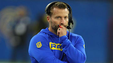 Oct 24, 2024; Inglewood, California, USA; Los Angeles Rams coach Sean McVay reacts against the Minnesota Vikings in the second half at SoFi Stadium. Mandatory Credit: Kirby Lee-Imagn Images