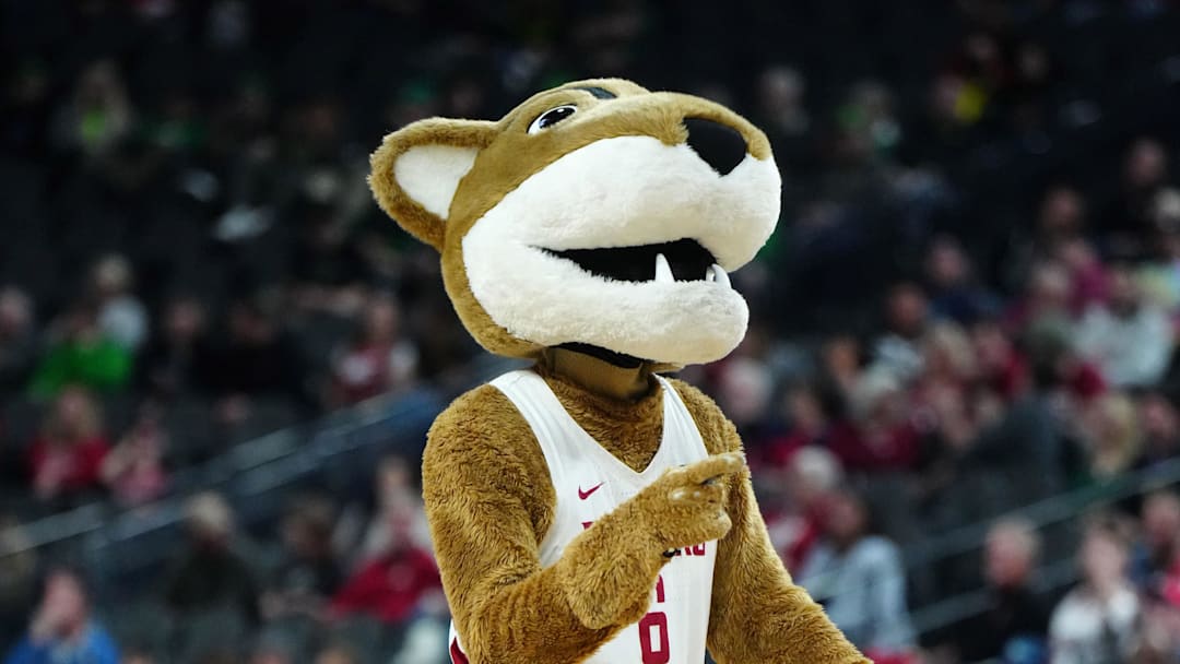 Mar 14, 2024; Las Vegas, NV, USA; Washington State Cougars mascot Butch during the game against the Stanford Cardinal at T-Mobile Arena. Mandatory Credit: Kirby Lee-Imagn Images