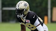 Aug 14, 2025; Carson, CA, USA; New Orleans Saints cornerback Quincy Riley (29) during a joint practice against the Los Angeles Rams at the Dignity Health Sports Park. Mandatory Credit: Kirby Lee-Imagn Images
