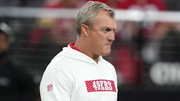 Aug 23, 2024; Paradise, Nevada, USA; San Francisco 49ers general manager John Lynch reacts during the game against the Las Vegas Raiders at Allegiant Stadium. Mandatory Credit: Kirby Lee-Imagn Images