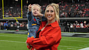 Oct 27, 2024:  Brittany Mahomes, wife of Kansas City Chiefs quarterback Patrick Mahomes, holds daughter Sterling at Allegiant Stadium. 