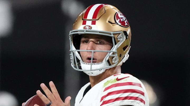 Aug 23, 2024; Paradise, Nevada, USA; San Francisco 49ers quarterback Brock Purdy (13) throws the ball against the Las Vegas Raiders in the first half at Allegiant Stadium. Mandatory Credit: Kirby Lee-Imagn Images