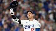 Sep 20, 2024; Los Angeles, California, USA; Los Angeles Dodgers designated hitter Shohei Ohtani (17) waves to the crowd in the first inning against the Colorado Rockies at Dodger Stadium. Mandatory Credit: Kirby Lee-Imagn Images