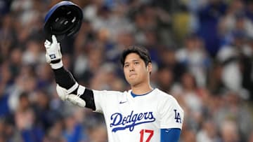 Sep 20, 2024; Los Angeles, California, USA; Los Angeles Dodgers designated hitter Shohei Ohtani (17) waves to the crowd in the first inning against the Colorado Rockies at Dodger Stadium. Mandatory Credit: Kirby Lee-Imagn Images