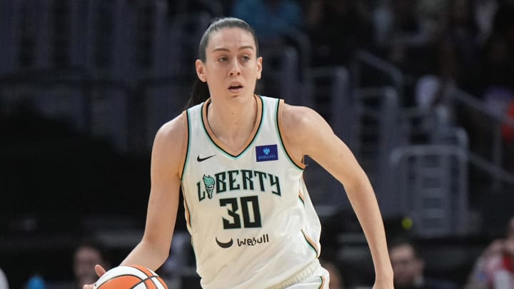 Aug 28, 2024; Los Angeles, California, USA; New York Liberty forward Breanna Stewart (30) dribbles the ball against the LA Sparks in the first half at Crypto.com Arena. Mandatory Credit: Kirby Lee-USA TODAY Sports