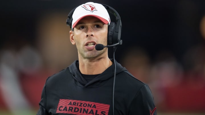 Aug 10, 2024; Glendale, Arizona, USA; Arizona Cardinals head coach Jonathan Gannon against the New Orleans Saints during a preseason NFL game at State Farm Stadium. Mandatory Credit: Mark J. Rebilas-USA TODAY Sports
