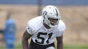 Aug 18, 2021; Thousand Oaks, CA, USA;  Las Vegas Raiders  defensive end Malcolm Koonce (51) during a joint practice against the Los Angeles Rams. Mandatory Credit: Kirby Lee-Imagn Images