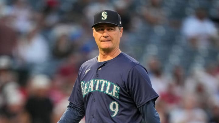 Seattle Mariners manager Scott Servais (9) reacts during the game against the Los Angeles Angels at Angel Stadium in 2024.