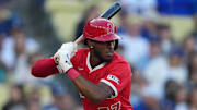 Los Angeles Angels second baseman Tim Anderson (77) bats against the Los Angeles Dodgers at Dodger Stadium. 