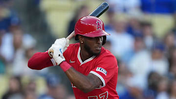 Los Angeles Angels second baseman Tim Anderson (77) bats against the Los Angeles Dodgers at Dodger Stadium. 