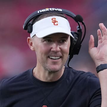 Sep 2, 2023; Los Angeles, California, USA; Southern California Trojans head coach Lincoln Riley reacts against the Nevada Wolf Pack  in the second half at United Airlines Field at Los Angeles Memorial Coliseum. Mandatory Credit: Kirby Lee-Imagn Images