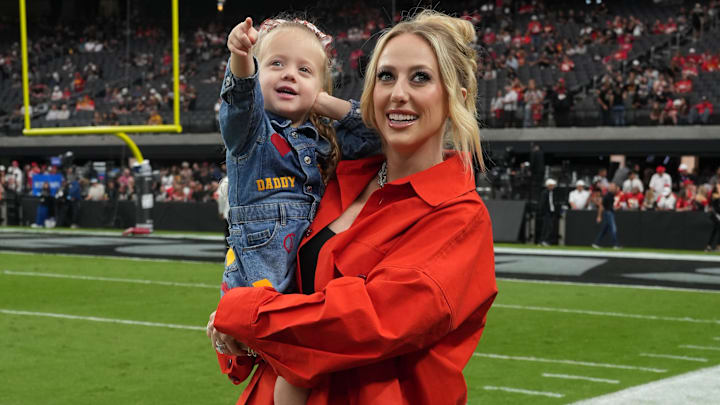 Brittany Mahomes, the wife of Kansas City Chiefs quarterback Patrick Mahomes (15) holds daughter Sterling Mahomes during the game against the Las Vegas Raiders at Allegiant Stadium. Brittany Mahomes, the wife of Kansas City Chiefs quarterback Patrick Mahomes (15) holds daughter Sterling Mahomes during the game against the Las Vegas Raiders at Allegiant Stadium.