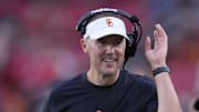 Sep 2, 2023; Los Angeles, California, USA; Southern California Trojans head coach Lincoln Riley reacts against the Nevada Wolf Pack  in the second half at United Airlines Field at Los Angeles Memorial Coliseum. Mandatory Credit: Kirby Lee-Imagn Images