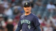 Seattle Mariners manager Scott Servais (9) reacts during the game against the Los Angeles Angels at Angel Stadium on July 12.