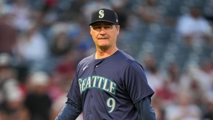 Seattle Mariners manager Scott Servais (9) reacts during the game against the Los Angeles Angels at Angel Stadium on July 12.