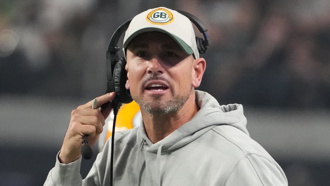 Oct 9, 2023; Paradise, Nevada, USA; Green Bay Packers coach Matt LeFleur reacts against the Las Vegas Raiders in the second half at Allegiant Stadium. Mandatory Credit: Kirby Lee-Imagn Images