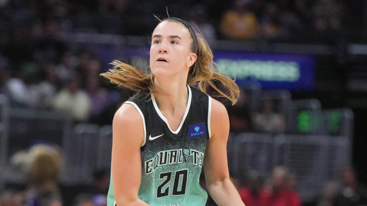 Aug 15, 2024; Los Angeles, California, USA; New York Liberty guard Sabrina Ionescu (20) against the LA Sparks in the first half at Crypto.com Arena. Mandatory Credit: Kirby Lee-USA TODAY Sports