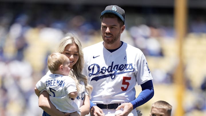 Jun 19, 2022; Los Angeles, California, USA; Los Angeles Dodgers first baseman Freddie Freeman (5) with sons Brandon Freeman, Maximus Freeman, Charlie Freeman and wife Chelsea Freeman (Chelsea Goff) before the game against the Cleveland Guardians at Dodger Stadium. Jun 19, 2022; Los Angeles, California, USA; Los Angeles Dodgers first baseman Freddie Freeman (5) with sons Brandon Freeman, Maximus Freeman, Charlie Freeman and wife Chelsea Freeman (Chelsea Goff) before the game against the Cleveland Guardians at Dodger Stadium.