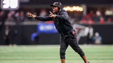Jan 5, 2025; Atlanta, Georgia, USA; Atlanta Falcons head coach Raheem Morris on the sideline against the Carolina Panthers in the second quarter at Mercedes-Benz Stadium. Mandatory Credit: Brett Davis-Imagn Images
