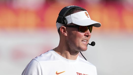 Nov 30, 2024; Los Angeles, California, USA; Southern California Trojans head coach Lincoln Riley reacts against the Notre Dame Fighting Irish in the second half at United Airlines Field at Los Angeles Memorial Coliseum. Mandatory Credit: Kirby Lee-Imagn Images