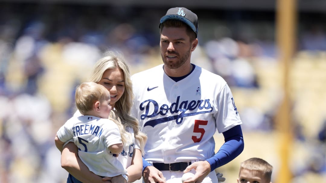 Jun 19, 2022; Los Angeles, California, USA; Los Angeles Dodgers first baseman Freddie Freeman (5) with sons Brandon Freeman, Maximus Freeman, Charlie Freeman and wife Chelsea Freeman (Chelsea Goff) before the game against the Cleveland Guardians at Dodger Stadium.