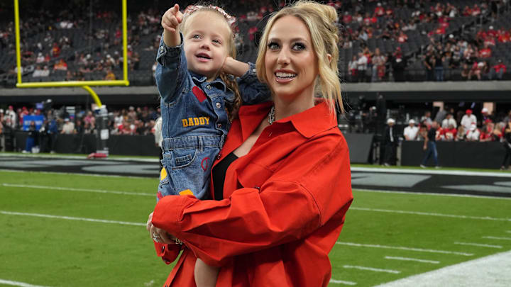 Brittany Mahomes, the wife of Kansas City Chiefs quarterback Patrick Mahomes (15) holds daughter Sterling Mahomes during the game against the Las Vegas Raiders at Allegiant Stadium. Brittany Mahomes, the wife of Kansas City Chiefs quarterback Patrick Mahomes (15) holds daughter Sterling Mahomes during the game against the Las Vegas Raiders at Allegiant Stadium.
