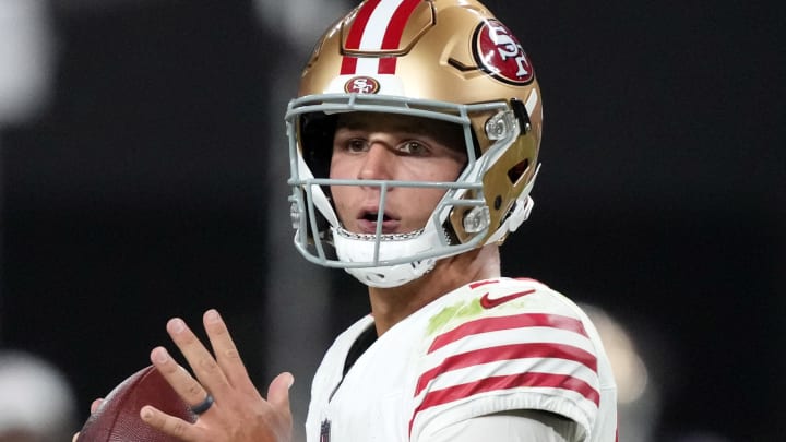 Aug 23, 2024; Paradise, Nevada, USA; San Francisco 49ers quarterback Brock Purdy (13) throws the ball against the Las Vegas Raiders in the first half at Allegiant Stadium. Mandatory Credit: Kirby Lee-USA TODAY Sports